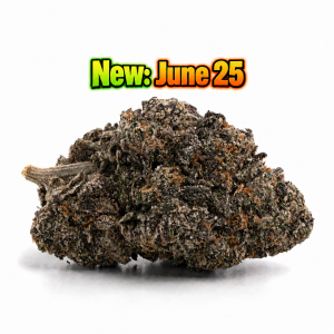 Close-up of Purple Berry Skunk cannabis buds with dense purple-green flower, orange hairs, and frosty white trichomes inside a plastic bag.