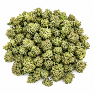 Death Bubba popcorn buds coated in sparkling crystal trichomes with deep green and purple hues