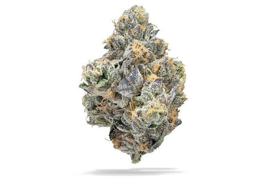 Ultra-macro close-up of a Lemon Sherbet cannabis bud featuring dense crystal trichomes, vibrant purple leaves, bright orange pistils, and frosty resin coverage on a white background.