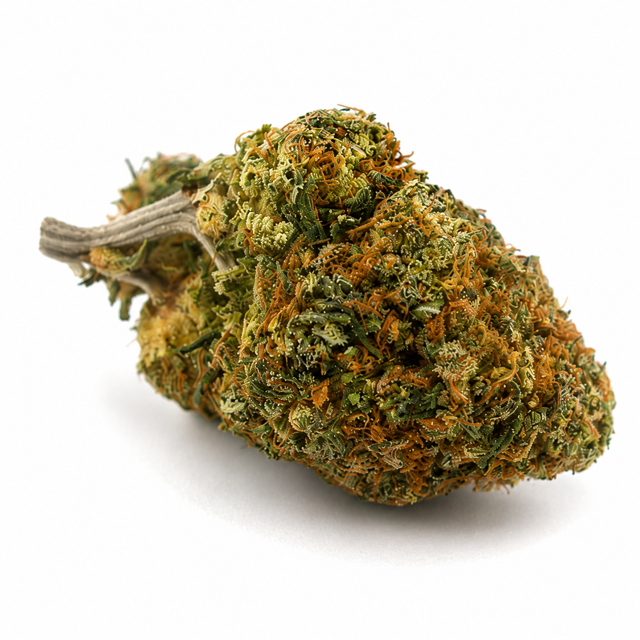 Mataro Blue cannabis flower featuring four dense, frosty buds with forest green colouring, vibrant orange pistils, and subtle blue undertones on a clean white background