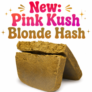 Golden Pink Kush Blonde Hash cannabis concentrate with a smooth pressed texture and crumbly interior displayed on a white background.