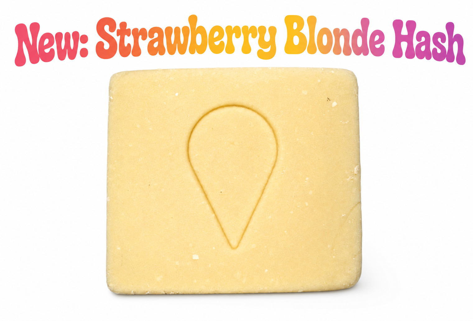 Golden block of Strawberry Blonde Hash premium cannabis concentrate with a smooth blonde texture and sweet strawberry-inspired terpene profile on a white background.