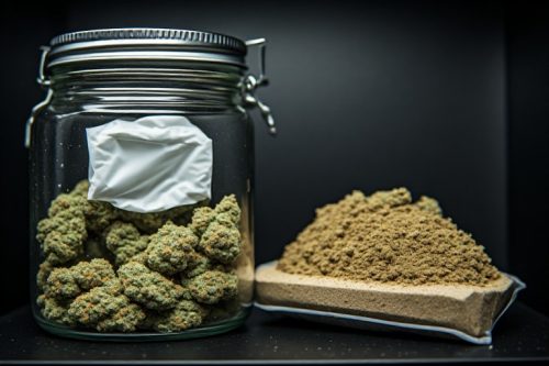 Golden blonde hash stored in an airtight glass jar for optimal freshness and potency preservation