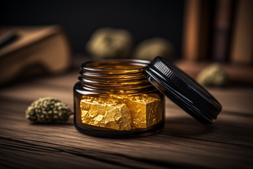 Assortment of golden hash bricks and a humidity pack illustrating how to choose blonde hash Canada and store it for long‑term potency.