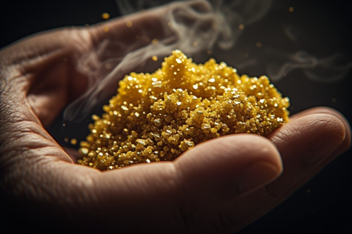 Hands crumbling a small piece of golden blonde hash into fine pieces ready to smoke – how to smoke blonde hash