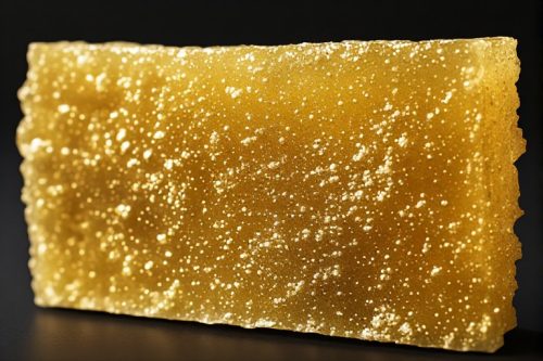 Close-up of golden blonde hash brick with soft, shiny texture and golden colour – premium cannabis concentrate