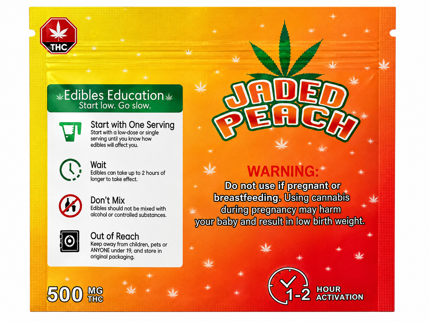 Jaded Peach 500mg THC Gummies packaging featuring an orange, yellow and red design with sugar-coated peach gummies. Each package contains 10 peach-flavoured cannabis-infused gummies with 50mg THC per piece.