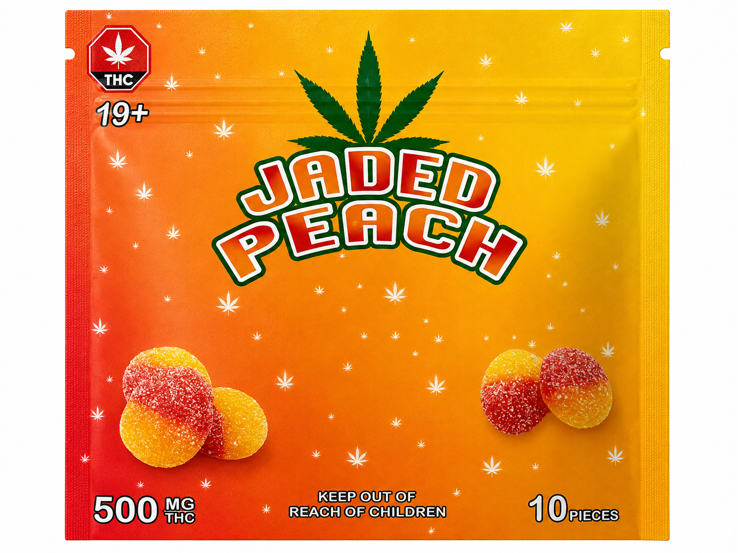 Jaded Peach 500mg THC Gummies packaging featuring an orange, yellow and red design with sugar-coated peach gummies. Each package contains 10 peach-flavoured cannabis-infused gummies with 50mg THC per piece.
