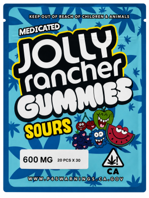 Blue package of sour fruit THC gummies featuring cherry, apple and watermelon flavours. Each package contains 20 cannabis-infused gummies with 30mg THC per piece and 600mg total THC.