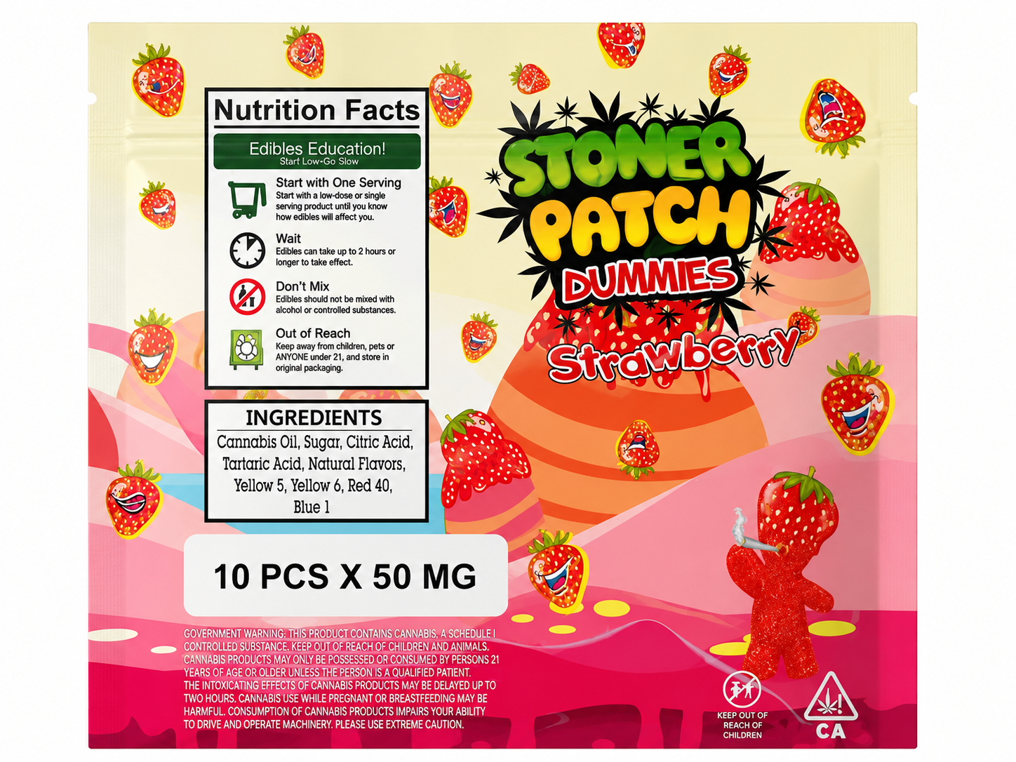 Stoner Patch Dummies Strawberry cannabis-infused gummies in colourful blue and yellow packaging. The package contains 500mg THC total and features distinctive strawberry-themed Stoner Patch Dummies branding.