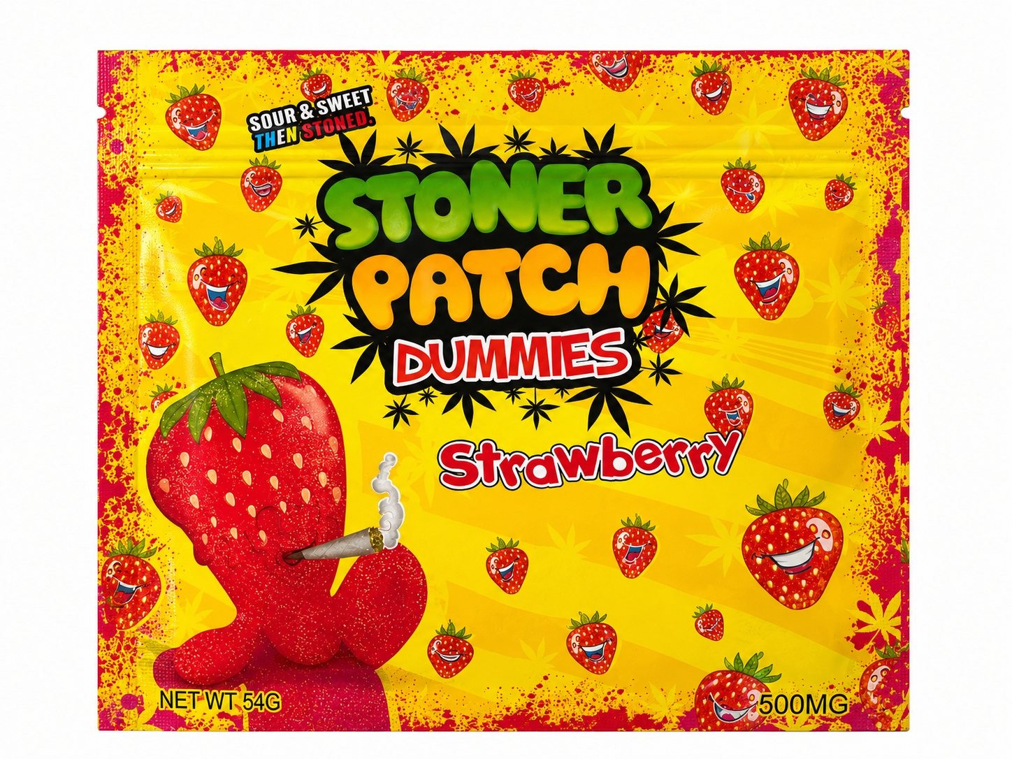 Stoner Patch Dummies Strawberry cannabis-infused gummies in colourful blue and yellow packaging. The package contains 500mg THC total and features distinctive strawberry-themed Stoner Patch Dummies branding.
