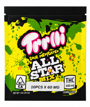 Trolli Sour Medicated All Star Mix cannabis-infused gummy candy packaging featuring a yellow, green and black design. The package contains 10 sweet-and-sour THC gummies at 60mg each, for 600mg total THC.
