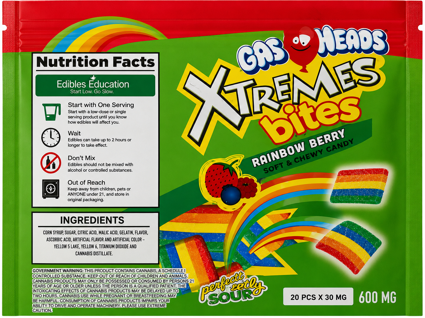 Gas Heads Xtremes Bites cannabis-infused sour gummy candy packaging containing 600mg total THC. Each package includes 20 bite-sized THC gummies with 30mg THC per piece.