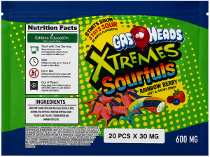 Gas Heads Xtremes Sourfuls 600MG THC edible gummy package containing 20 sour candy pieces labelled at 30MG THC each.