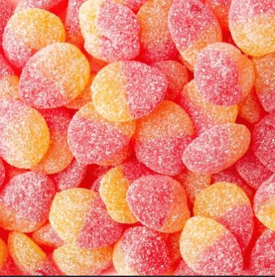 Jaded Peach 500mg THC Gummies packaging featuring an orange, yellow and red design with sugar-coated peach gummies. Each package contains 10 peach-flavoured cannabis-infused gummies with 50mg THC per piece.