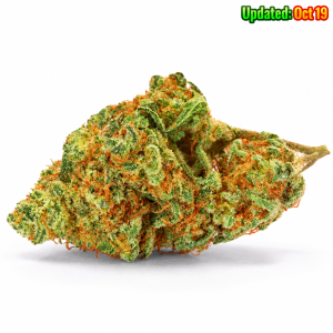 Citrus Haze sativa cannabis bud featuring bright green leaves, orange pistils, and frosty trichomes.