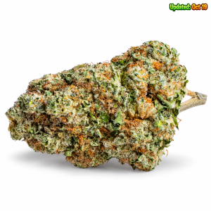 Platinum OG cannabis bud with dense silver trichomes and orange pistils