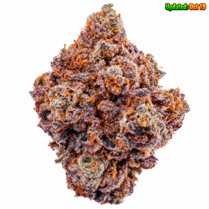 Red Bullz sativa cannabis flower featuring deep purple buds, bright orange pistils, and dense frosty white trichomes